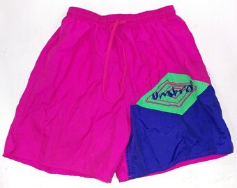 Vintage 90's Umbro Soccer Shorts Size Medium Pink Green Blue Nylon Guc