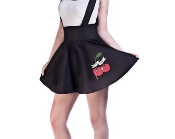 Black High Waist Suspender Skirt, Pin Style Skirt, Tattoo Skirt, Skirt with Braces, Cherry Circle Skirt, Ready to Ship Size UK 8/US 4