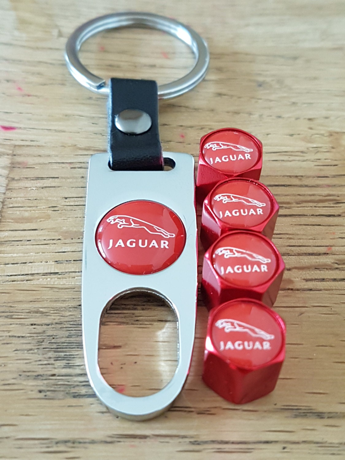 JAGUAR Red Top Chrome Wheel Valve Dust Caps And Spanner