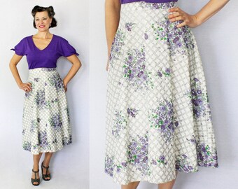 1940s Skirt / 40s Skirt / Novelty Print Skirt / Purple Skirt / Floral Skirt / Violets Print / Half Circle Skirt / 40s Floral / Waist 27"