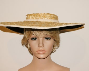 Vintage 40's Designer Yellow Straw Wide Brim Cartwheel Hat by Jeanne Tete