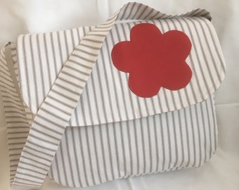 Grey and white striped soft shoulder bag