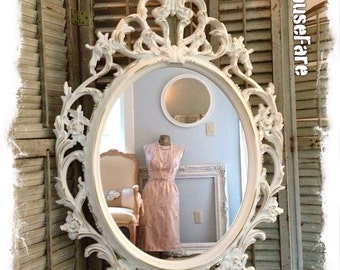 Oval Wall Mirror, Baroque Mirror, Ivory Shabby Chic Mirror, Ornate Mirror, Bathroom Mirror, Nursery Mirror, Ivory and Gold Mirror