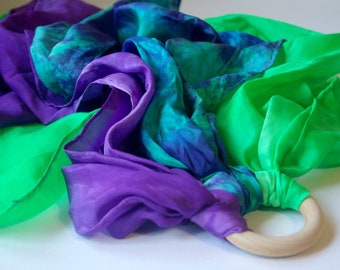 Outdoor Playsilk Wooden Ring Toy: Wind Runner ('Mermaids' Silks on a Wooden Ring) Waldorf Inspired