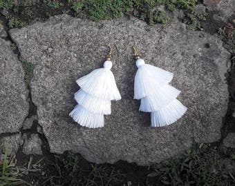 Pure White Tassel Earrings Layered White, Tassel Earrings, Tassel Drop Earrings ,White earrings.