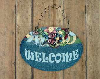 WELCOME SIGN Cute Blue Jeans Butterflies Theme 4x6 Hardboard Wood Glossy House Home Front Door Entryway Guests Oval Plaque Whimsical Modern