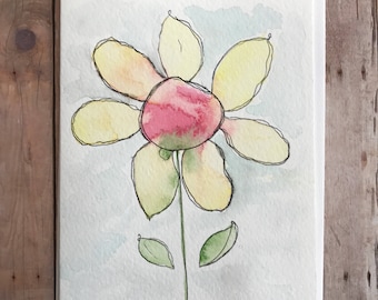 Watercolor and Ink Card, Hand Painted Flower Card, Homemade Cards, Watercolor Flower Card