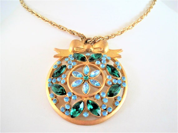 Blue Pendant Necklace, Blue Green Rhinestones, Gold Tone Chain, Bow Bail Top