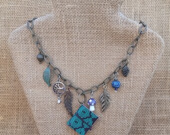 Naturist Real Journal Notebook Teal Stamped Leather Charm Necklace 20 Inches Length