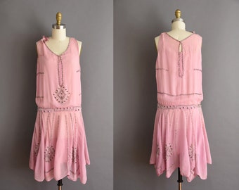1920s vintage rose pedal pink silver beaded flapper dress 20s Small Medium pink chiffon heavy beaded antique dress