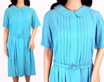 Vintage 1950s Dress Teal - Medium Blue Dress - Blue Peter Pan Collar Dress - Light Blue Dress - 50s Blue Dress Medium - Retro Belted Dress