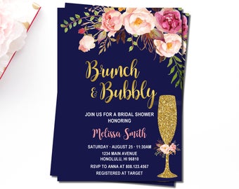 Navy Blue Brunch & Bubbly Bridal Shower Invitation, Pink Floral and Gold, Bridal Brunch Invitation, Personalized Printable Invitation, B54