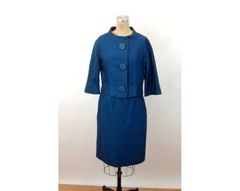 1960s suit Jack Feit designer skirt suit teal blue cropped jacket Size M