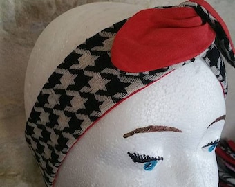 headband, reversible tie with aluminum wire. about 80 cm. Tweed houndstooth and red fabric