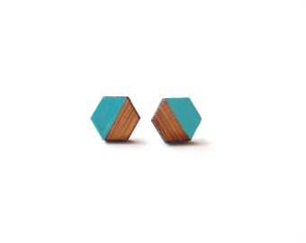 Teal Hexagon Earring - Geometric Wooden Earrings - Teal Earring Studs - Modern Earrings - Minimalist