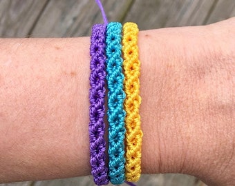SALE Micro-Macrame Adjustable Bracelet Stack - Purple, Blue and Yellow