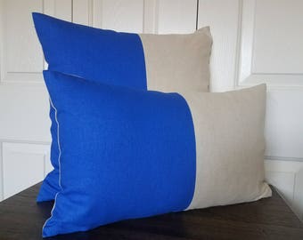 Blue Linen Color Block Pillow Cover Linen Pillow Decorative Throw Pillows Cushion Covers Accent Pillow Colorblock Modern Home Decor Pillows