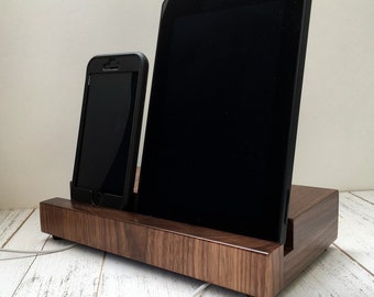 Walnut wood iPad stand, double phone stand, dual phone charger, docking station, iPad dock, iPad Pro stand, ipad mini, charging stand.