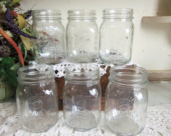 6 Vintage Clear Mom's Mason Pint Sized Jars NO LIDS B830