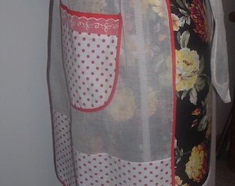 Vintage White Organdy Red Dot Half Apron, Medium