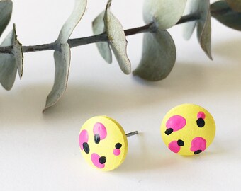 Wood Stud Earrings, Yellow, Magenta + Black