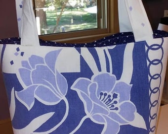 Vintage tote, purse, tablecloth, blue, white