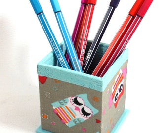 POT PENCILS owls - turquoise and taupe