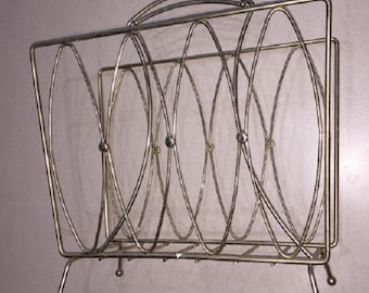 Vintage Deco Magazine Record Rack Stand Gold Metal for Vinyl LP
