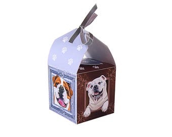 English Bulldog Paper Box Ornament / White beige, brown / Printable instant download / Bulldog Ornament
