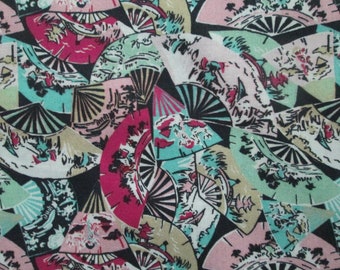 Asian Geisha Fans Burgandy Pink Teal Green Cotton Fabric Fat Quarter