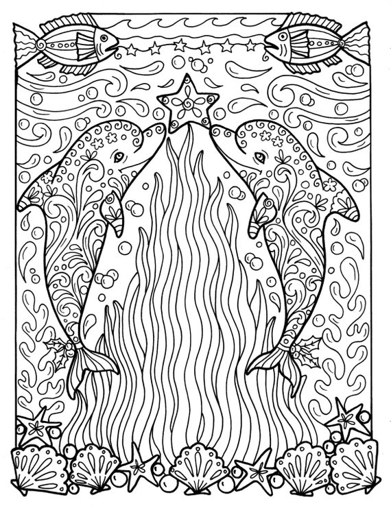 Christmas Dolphins Coloring page Adult Coloring Beach Color