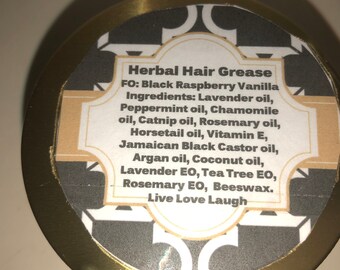 Herbal Hair Grease promotes hair growth 1 oz, 3 oz is a gold tin w/ a screw on lid, 8 oz and 16 oz jars