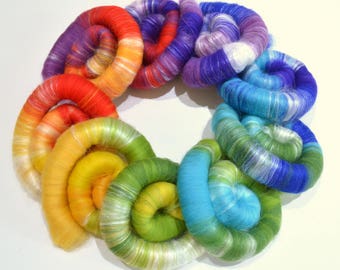 Rolags - 5.3 oz Rainbow Hand Blended Merino and Silk Rolags for Spinning