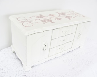 Painted Jewelry Box, Large Antique White Vintage Jewelry Box, Stenciled Jewelry Box, Mother's Day Jewelry Box
