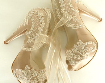 Embellished Lace Wedding Shoes, Champagne Satin Embroidered Bridal Shoes