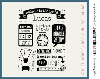 SVG Birth Stats Template svg Birth Announcement svg Baby Stats svg - Cricut Silhouette cute newborn statistic fact date time weight dxf png