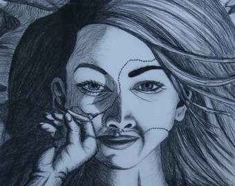 Original Surreal Conte Beautiful Face Drawing, "Perfection Through Technology"