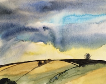 Cloud painting, Watercolor landscape, rain clouds, hills, Storm clouds, Sky painting, storm art, stormy watercolor, rain clouds