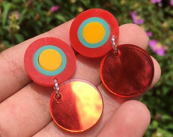 Red, yellow & turquoise round drops (Laser Cut Acrylic Earrings)