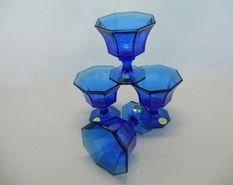 Cobalt Blue Glass Sherbet Sherbert Cups Independence Glassware Set of Four Panel Design Footed Dessert Dishes