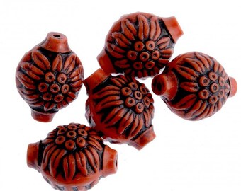 Vintage West German molded plastic black on coral 15x12mm.. Pkg of 10. b6-159(e)