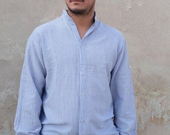 Men shirt, stripped shirt, mao neck shirt, long sleeves, light bue/white stripes, cooton shirt,