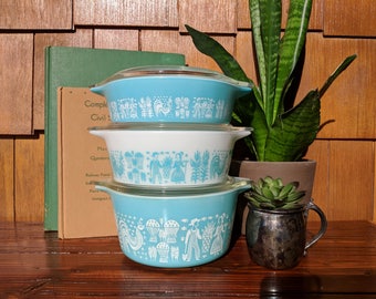 Vintage Pyrex Butterprint Round Casserole Set - 471, 472, 473