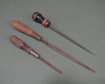 Vintage Hand Tools with Wood Handles, Rustic Files and Screwdriver, #495