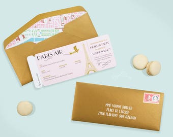 Paris Airline Ticket Invitation, Boarding Pass, French Birthday Party, Pink, Bridal Shower, Rendez vous de Paris, Baby Shower, Bat Mitzvah