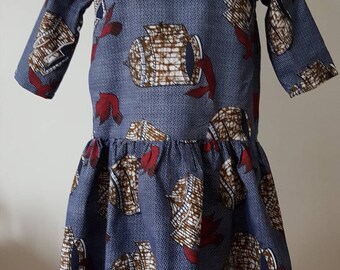 Wax sleeves dress 3/4 blue print and swallows