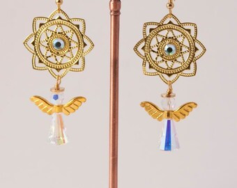 Gold Star with Swarovski Angel Earrings
