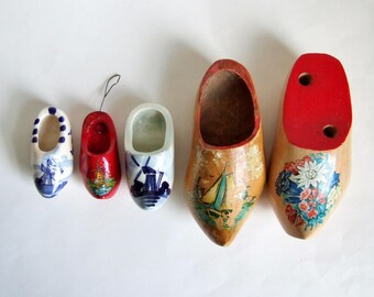 Instant Collection of Vintage Clogs - Painted Wood and Pottery Dutch Clogs in Different Sizes - Souvenirs of Holland