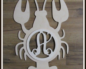 Lobster Door Hanger with Monogram Letter - Unpainted Wood - 22" size - Kitchen or Dining Room Decor - Wood Letter - Wall Hanging - Beach