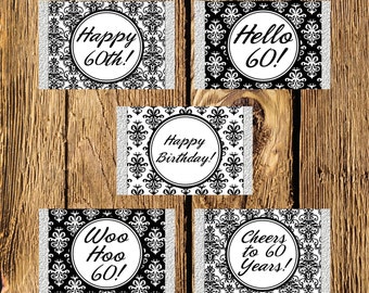 Printable 60th Birthday Black and White Damask Mini Candy Bar Wrappers - Instant Download